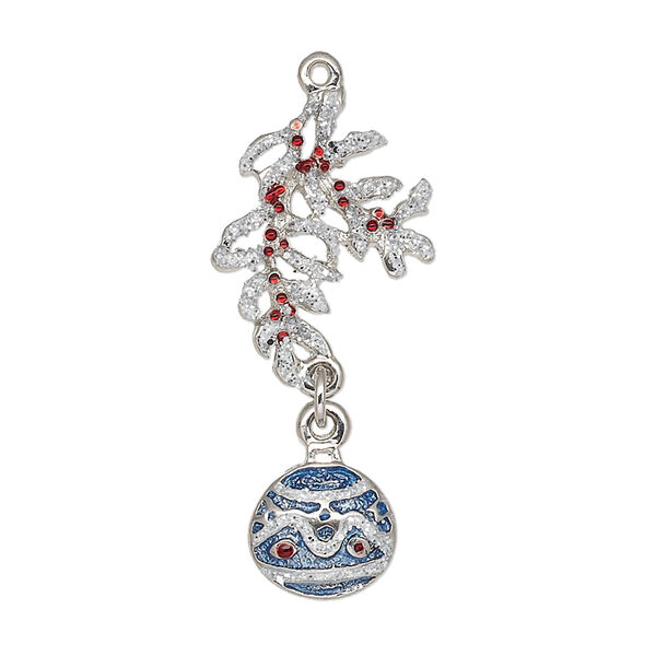 Charm, enamel and silver-plated "pewter" (zinc-based alloy), red / blue / white with silver-colored glitter, 35x16mm single-sided ornament and leaves. Sold individually. image number 0