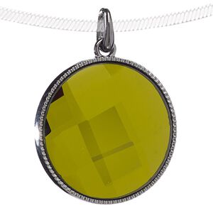 Pendant, glass and gunmetal-finished "pewter" (zinc-based alloy), olive green, 38mm flat round. Sold individually.