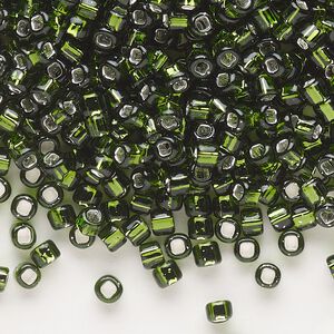 Seed bead, Dyna-Mites™, glass, silver-lined translucent olive green, #6 round with square hole. Sold per 40-gram pkg.
