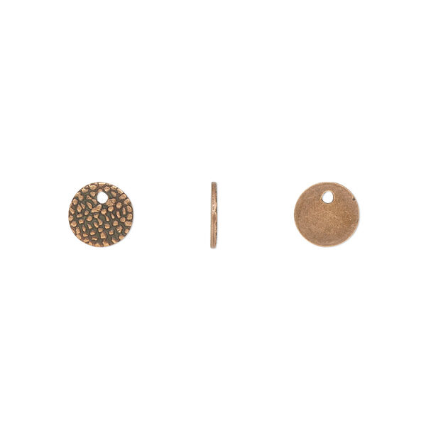 Drop, antique copper-plated brass, 7mm single-sided textured flat round. Sold per pkg of 100. image number 0