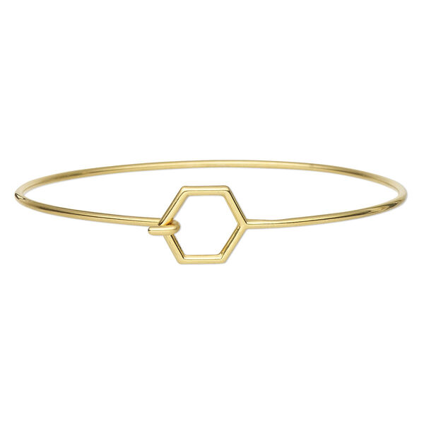 Bracelet component, gold-finished stainless steel, 2mm wide with 14mm open hexagon, 8 inches with hook closure. Sold individually. image number 0
