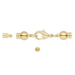 Clasp lobster claw 2pkg3 gold-plated, 37x7mm / 8x6mm twist-off end / fits 2mm cord, brass 1-strand