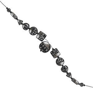 Bead set, glass and waxed cotton cord, grey / black / silver, (1) 35mm flat round, (2) 25x25mm square, (2) 25mm flat round, (2) 22x21mm puffed heart, (2) 18x18x17mm triangle, (2) 24x10mm rectangle, (2) 12mm round, (12) 5-6mm spacers, double-sided, 16-inches. Sold per 13-piece set.