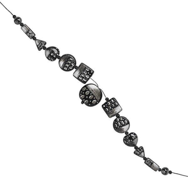 Bead set, glass and waxed cotton cord, grey / black / silver, (1) 35mm flat round, (2) 25x25mm square, (2) 25mm flat round, (2) 22x21mm puffed heart, (2) 18x18x17mm triangle, (2) 24x10mm rectangle, (2) 12mm round, (12) 5-6mm spacers, double-sided, 16-inches. Sold per 13-piece set. image number 0