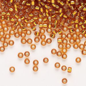 Seed bead, Miyuki, glass, pkg/50g, #8 rocaille, transparent silver-lined marigold (RR-2422).
