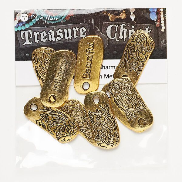 Drop mix, antique gold-finished "pewter" (zinc-based alloy), 29x13mm-30x14mm two-sided rounded rectangle with floral design and "beautiful" / "intimate" / "open." Sold per pkg of 9. image number 0