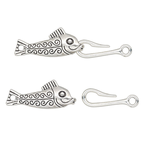 Clasp, hook, antique silver-finished "pewter" (zinc-based alloy), 54x14mm fish and hook. Sold individually. image number 0