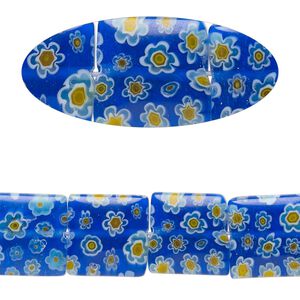 Bead, millefiori glass, translucent blue / white / yellow, 11mm-13x12mm puffed square with flower design. Sold per 14-inch strand.