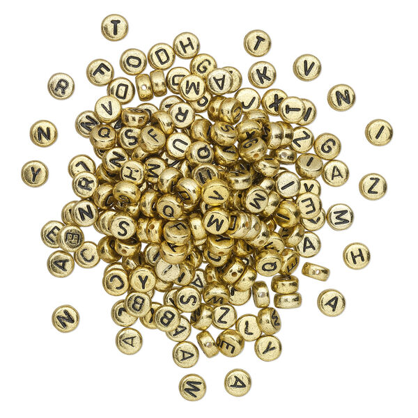 Bead mix, acrylic, opaque gold and black, 7mm double-sided flat round with alphabet letters. Sold per pkg of 200. image number 1