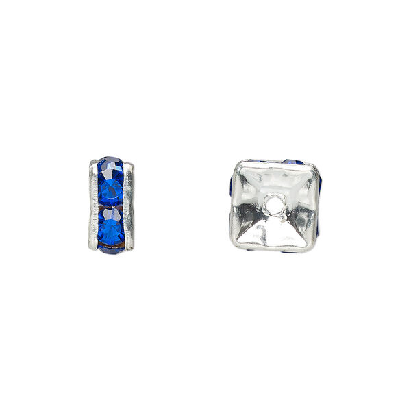 Bead, glass rhinestone and silver-plated brass, sapphire blue, 8x4mm squaredelle. Sold per pkg of 10. image number 0