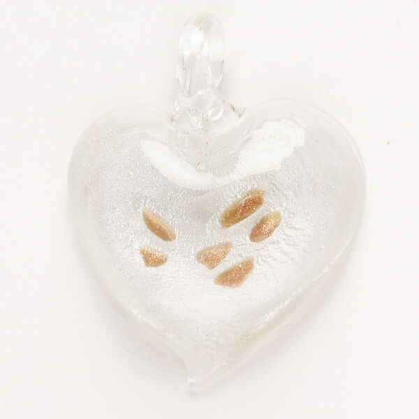Focal, lampworked glass, pkg/1, translucent clear with silver-colored foil and copper-colored glitter, 33x32mm-37x35mm puffed heart. image number 0