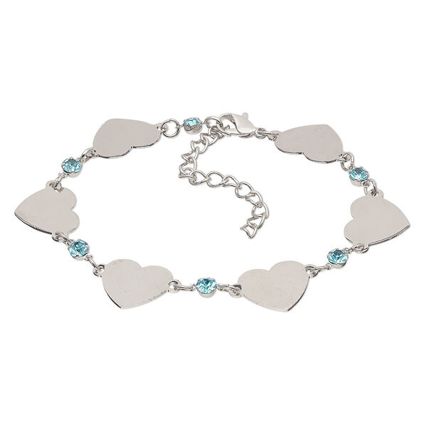 Bracelet, Egyptian glass rhinestone with imitation rhodium-plated steel and brass, blue, 14mm wide with 15x14mm flat heart, 7-1/2 inches with 2-inch extender chain and lobster claw clasp. Sold individually. image number 0