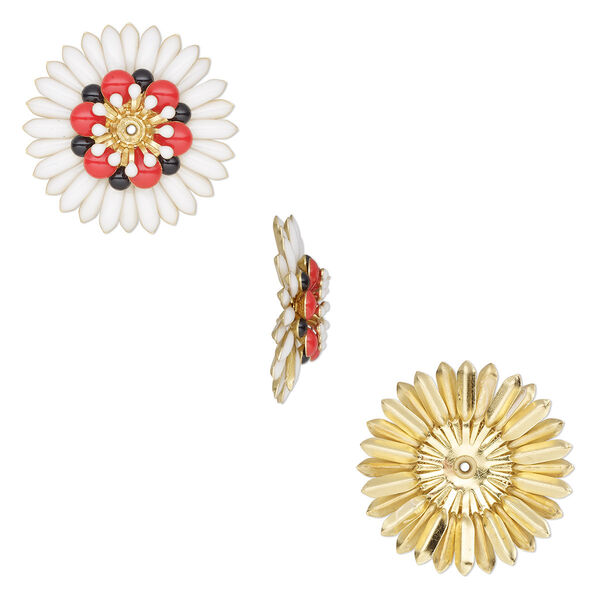 Component, epoxy and gold-finished copper, white / red / black, 27mm center-drilled single-sided flower. Sold per pkg of 2. image number 0