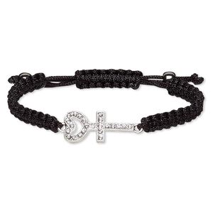 Bracelet, Hemalyke™ (man-made) / waxed cotton cord / glass rhinestone / silver-plated "pewter" (zinc-based alloy), black and clear, 39x14mm heart and cross, adjustable from 7-9 inches with macramé knot closure. Sold individually.