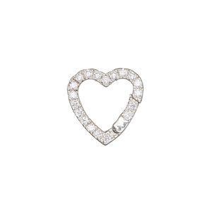Clasp self-closing hook 1pkg1 sterling silver / cubic zirconia 16x16mm heart, clear