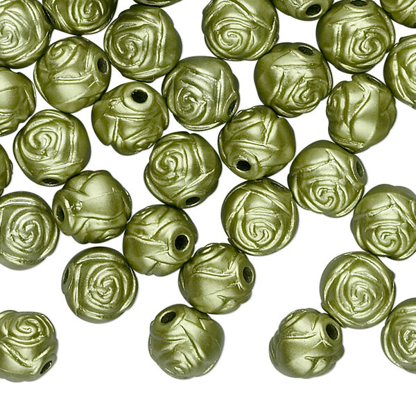 Bead, acrylic, green, 8mm round rose. Sold per pkg of 100. image number 0