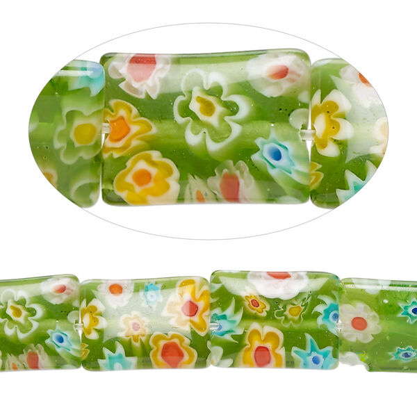 Bead, millefiori glass, translucent green and multicolored, 14x10mm puffed rectangle. Sold per 15-inch strand, approximately 30 beads. image number 0