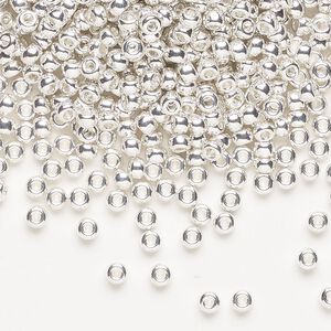 Seed bead, Miyuki, glass, pkg/4g, #8 rocaille, opaque silver-plated, (RR-961).