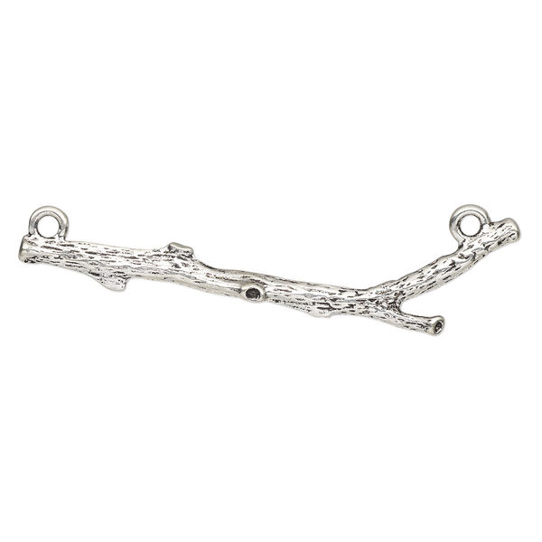 Focal, antique silver-finished pewter (tin-based alloy), 3 x 3/4 inch 3D branch with 2 loops. Sold individually. image number 0