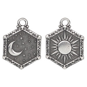 Charm, TierraCast&reg;, "Celestial" collection, pewter (tin-based alloy), 24.5x21.5mm, 2-sided hexagon with sun and moon design. Sold individually.