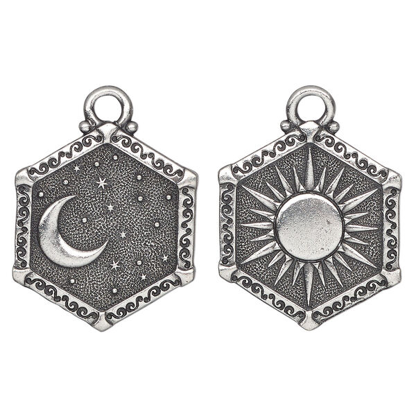Charm, TierraCast&reg;, "Celestial" collection, pewter (tin-based alloy), 24.5x21.5mm, 2-sided hexagon with sun and moon design. Sold individually. image number 0