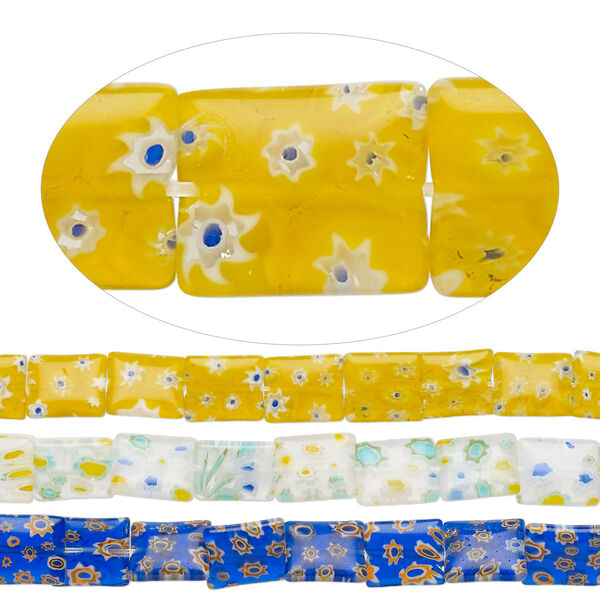 Bead, millefiori glass, translucent multicolored, 12x10mm puffed rectangle with flower design. Sold per pkg of (3) 14-inch strands. image number 0