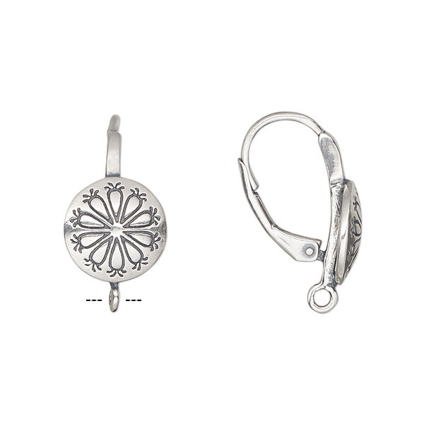 Ear wire, antiqued sterling silver, 22mm leverback with 11mm round and flower design with closed loop. Sold per pair. image number 0