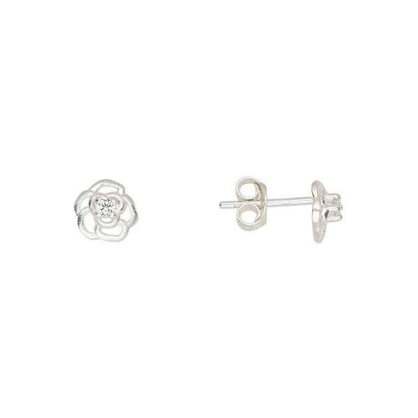 Earstud sterling silver / cubic zirconia 1pkg2, 7mm rose / earnuts included, Create Compliments® clear 1 pair image number 0