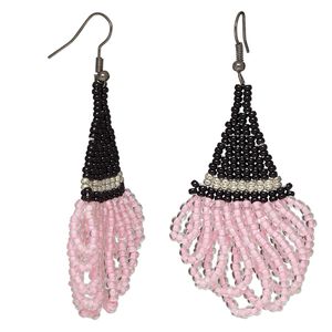 Circle of Hope earring, glass, black / pink / silver, 3 inches with witch's hat with fishhook ear wire. Only one pair available.