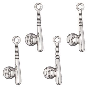 Charm, antique silver-finished "pewter" (zinc-based alloy), 25x9mm single-sided baseball bat and ball. Sold per pkg of 4.
