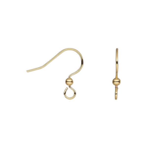 Ear wire, gold-finished stainless steel and brass, 15mm fishhook with 2.5mm ball and open loop, 21 gauge. Sold per pkg of 5 pairs. image number 0