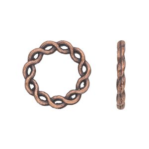 Component, antique copper-plated "pewter" (zinc-based alloy), 20mm double-sided round donut with twisted rope design. Sold per pkg of 20.