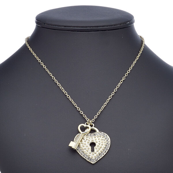 Necklace, glass rhinestone with gold-finished steel and "pewter" (zinc-based alloy), clear, 30x13mm key with 40x36mm heart lock, 18 inches with 2-inch extender chain and lobster claw clasp. Sold individually. image number 0