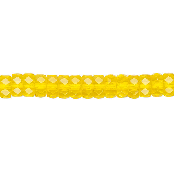 Bead, Czech fire-polished glass, yellow, 6x3mm faceted rondelle. Sold per 15-1/2" to 16" strand. image number 0
