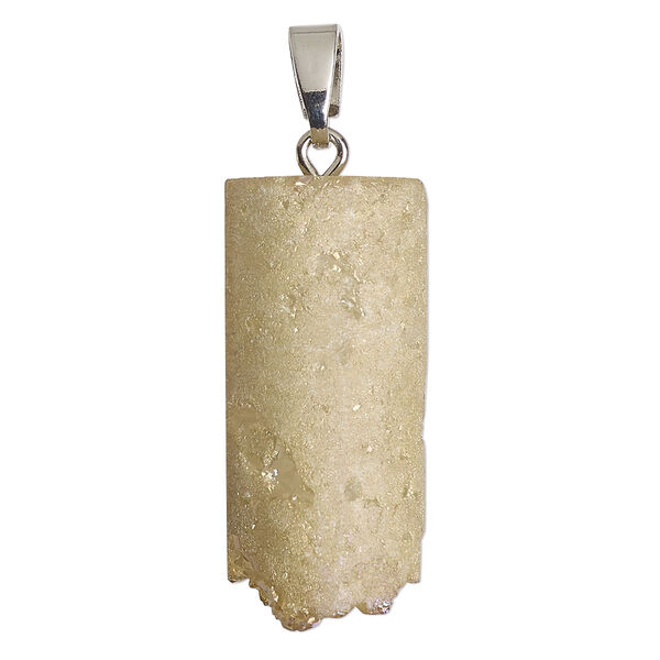 Pendant, druzy agate (natural) and silver-finished "pewter" (zinc-based alloy), 32x16mm irregular rectangle, Mohs hardness 6-1/2 to 7. Sold individually. image number 0