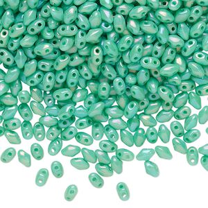 Bead, Preciosa Mini Twin™, Mini Pressed Twin, Czech pressed glass, opaque rainbow turquoise green, 4x2.5mm oval with (2) 0.7mm holes. Sold per 10-gram pkg.