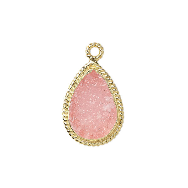 Drop, druzy agate (dyed) and gold-plated sterling silver, pink, 18x14mm-20x15mm hand-cut single-sided teardrop with twisted wire design. Sold individually. image number 0
