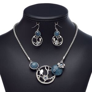 Necklace and earring set, acrylic / glass rhinestone / imitation rhodium-plated steel / brass / "pewter" (zinc-based alloy), blue and blue-grey, round and flower, 18-inch necklace with 2-inch extender chain and lobster claw clasp, 39mm earrings with fishhook ear wire. Sold per set.