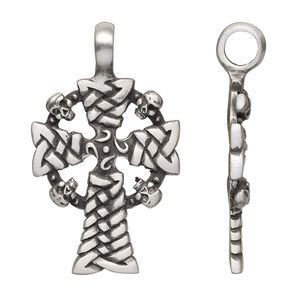 Pendant, antiqued pewter (tin-based alloy), 54x31.5mm single-sided cross with skull and braided design. Sold individually.