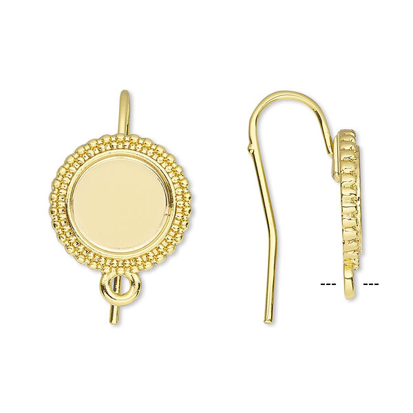 Ear wire, gold-finished brass, 21mm fishhook with 10mm beaded round setting and closed loop, 18 gauge. Sold per pkg of 5 pairs. image number 0