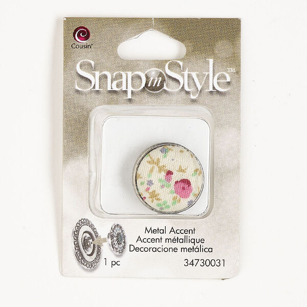 Button, silver-finished "pewter" (zinc-based alloy) and fabric, multicolored, 19x9mm snap-in with flower design. Sold individually. image number 0