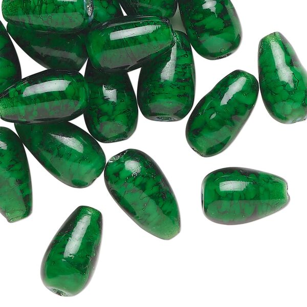 Bead, glass, translucent dark green, 13x8mm teardrop. Sold per 1-ounce pkg, approximately 25 beads. image number 0