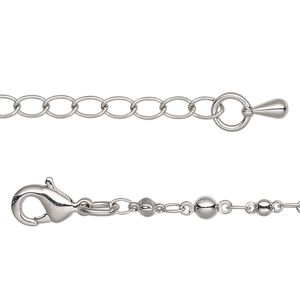 Chain, imitation rhodium-plated brass, 3.5mm beaded round, 18 inches with 2-inch extender chain and lobster claw clasp. Sold individually.