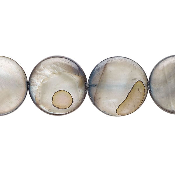 Mother-of-pearl shell 1pkg1, puffed flat round bead 15 inch steel blue 14-15mm image number 0