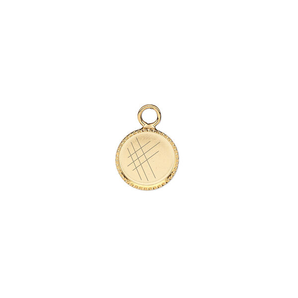 Drop, gold-plated brass, 9mm round with beaded edge and 8mm round bezel setting. Sold per pkg of 24. image number 0