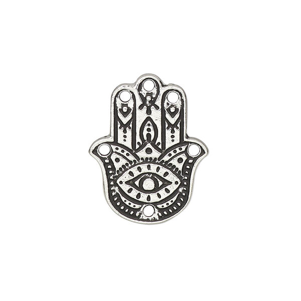 Connector, TierraCast®, "Caravan" collection, antique silver-plated pewter (tin-based alloy), 22x17.5mm double-sided Hamsa hand with 6 holes. Sold per pkg of 2. image number 0