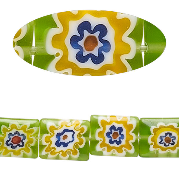 Bead, millefiori glass, translucent green and multicolored, 11x9mm-12x10mm  puffed rectangle. Sold per 14-inch strand. image number 0