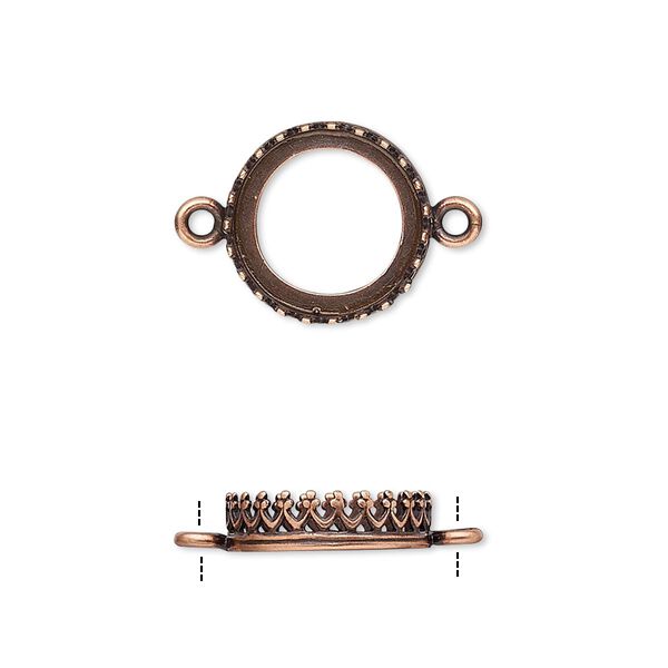 Link, JBB Findings, antique copper-plated brass, 13.5mm round with open back and decorative trim, 12mm round bezel setting. Sold per pkg of 2. image number 0