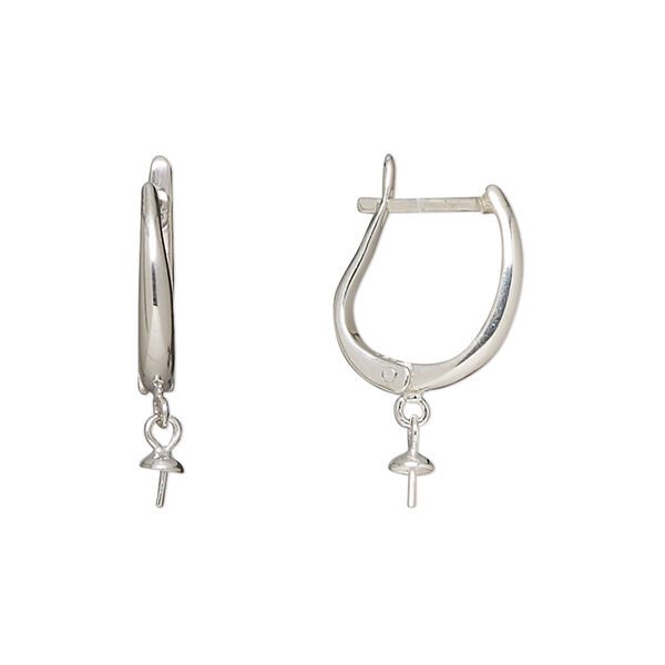 Earring, sterling silver, 22mm with 3mm cup and 2mm peg with latch back closure, fits 4-8mm half-drilled round bead. Sold per pair. image number 0