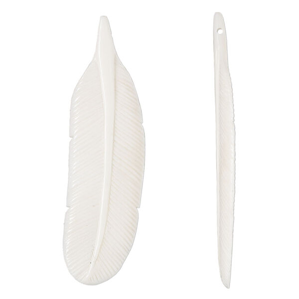 Focal, bone (bleached), white, 69x19mm hand-carved side-drilled double-sided feather, Mohs hardness 2-1/2. Sold individually. image number 0